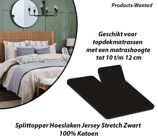 Splittopper Hoeslaken Jersey Stretch Zwart 100% Katoen 160×200/210/220