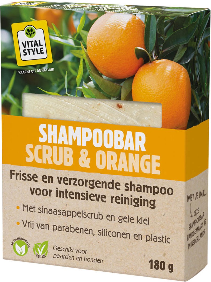 VITALstyle Shampoobar - Scrub & Orange - Hondenshampoo - Paardenshampoo - Voor Een Intensieve Reiniging - Met Sinaasappelscrub & Gele Klei - 180 g - VITALstyle