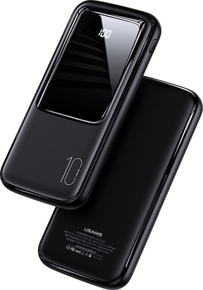 USAMS 10000mAh Powerbank - Digitaal Display - zwart