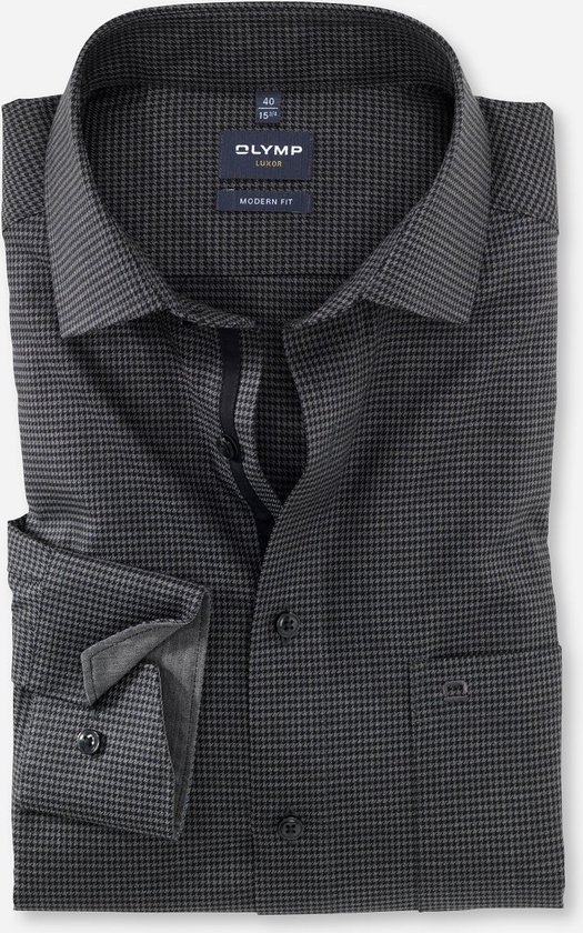 OLYMP Luxor modern fit overhemd - mouwlengte 7 - zwart pied de poule (contrast) - Strijkvrij - Boordmaat: 42