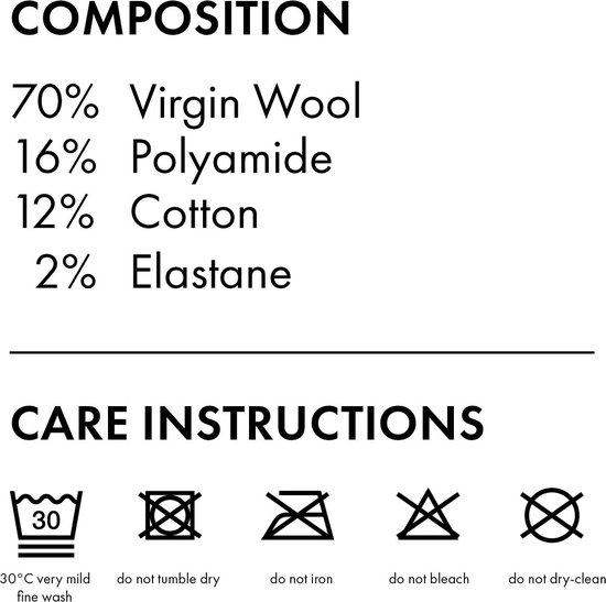 Samenstelling: 70% scheerwol, 16% polyamide, 12% katoen, 2% elastan. Wasinstructies: wassen op 30 graden, niet in de droger, niet strijken, niet bleken, niet chemisch reinigen.