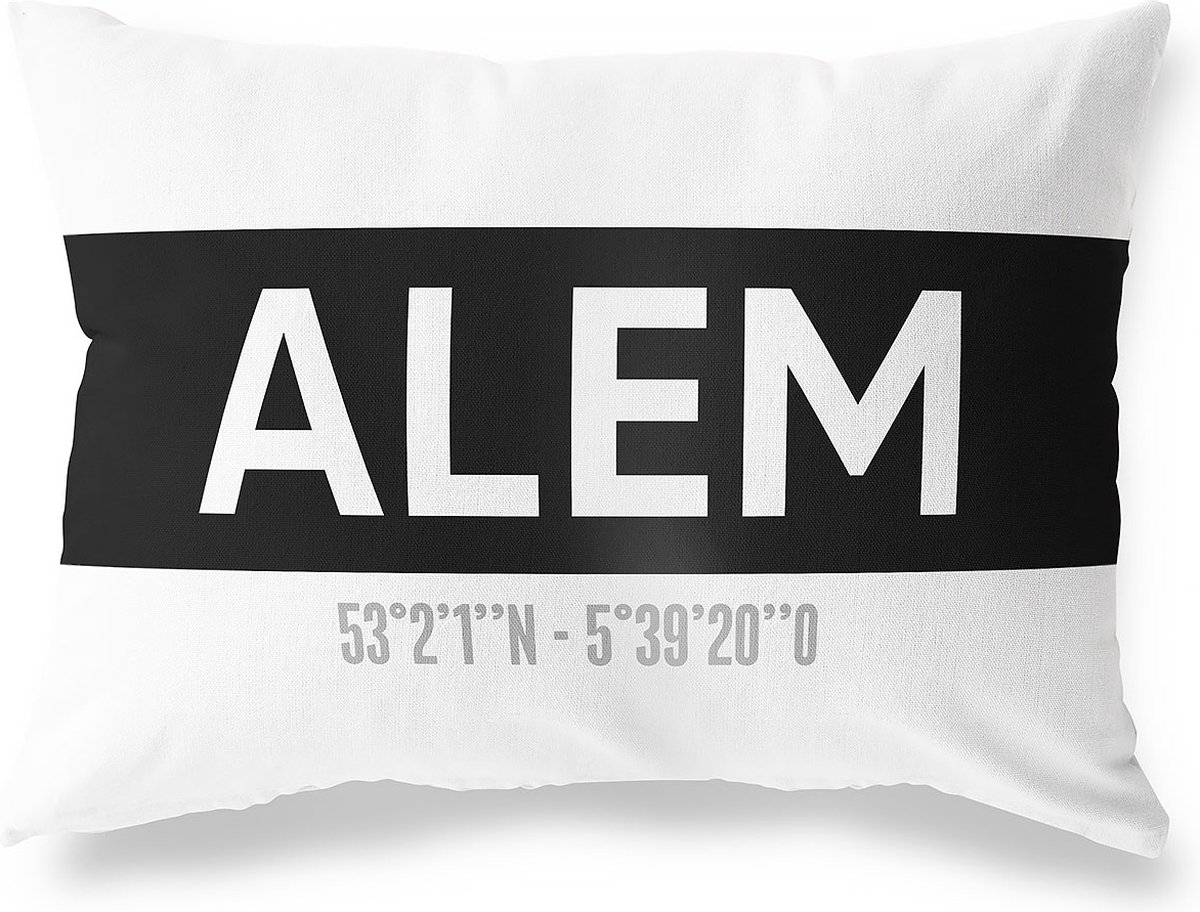 Tuinkussen ALEM - GELDERLAND met coördinaten - Buitenkussen - Bootkussen - Weerbestendig - Jouw Plaats - Studio216 - Modern - Zwart-Wit - 50x30cm
