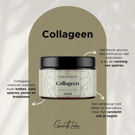 Pot met etiket 'Collageen' met pijlen die wijzen naar tekst over glycine en voordelen.