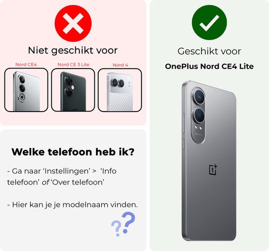 Geschikt voor OnePlus Nord CE 4 Lite. Niet geschikt voor Nord CE4, Nord CE 3 Lite, Nord 4.