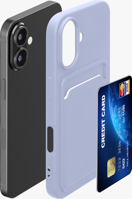 Coque de téléphone lavande avec porte-cartes, à côté d'un iPhone 16 et d'une carte de crédit.
