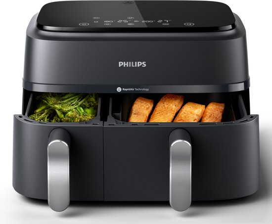 Philips 3000 Series Dual Airfryer NA351/00 - Dubbele Mand - 9L - Tot 6 Personen - Zwart/Zilver
