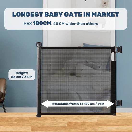 HollyHOME Intrekbare traphek, 180 cm, extra breed, bediening met één hand, babypoort, veiligheidshek voor baby's en huisdieren, binnen en buiten, wit