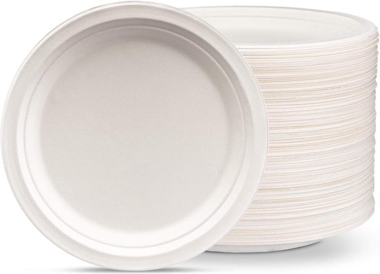 100 wegwerpborden 26 cm met 3 compartimenten. Suikerrietborden, extra sterke witte wegwerpservies. Ronde borden