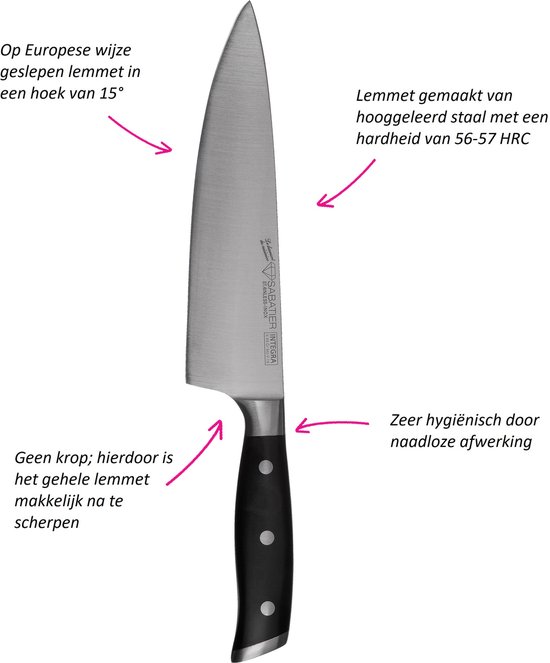 Gedetailleerde illustratie van een Sabatier Integra koksmes.