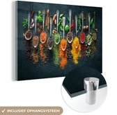 MuchoWow® Glasschilderij 90x60 cm - Schilderij acrylglas - Lepels - Kruiden - Kleurrijk - Specerijen - Foto op glas - Muurdecoratie woonkamer - Wanddecoratie slaapkamer - Schilderijen