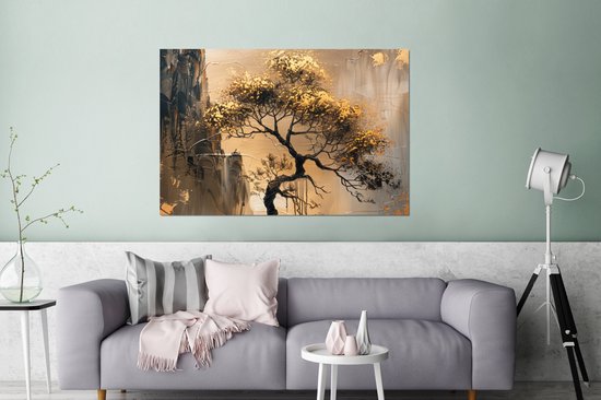 Décoration murale Métal - Peinture Aluminium Industriel - Arbre - Or - Paysage - Peinture - 120x80 cm - Dibond - Photo sur aluminium - Décoration murale industrielle - Pour le salon/chambre