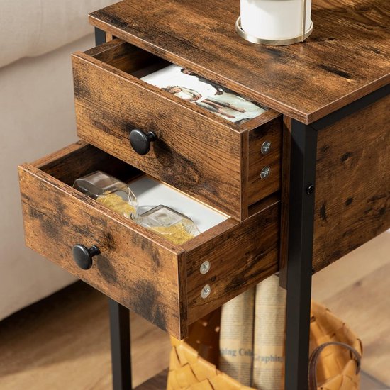 HOOBRO Bijzettafel Met Laadstation, Bank Tafel 2 Laden En USB Poort Stopcontact Nachtkastje Voor Kleine Ruimtes Stabiel Robuust Woonkamer Slaapkamer Greige Ebg542bz01 664924757