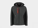 Grijze softshell werkjas met zwarte zijpanelen, met de rits half geopend en een oranje accent op de borstzak.
