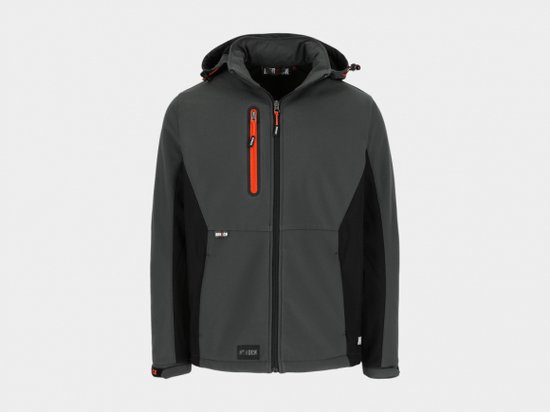 Grijze softshell werkjas met zwarte zijpanelen, met de rits half geopend en een oranje accent op de borstzak.