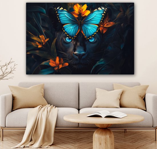 Peinture sur toile 120x80 cm - Décoration murale Panthère - Papillon - Blauw - Fleurs - Nature - Décoration murale murale salon - Décoration chambre - Accessoires de chambre - Peintures