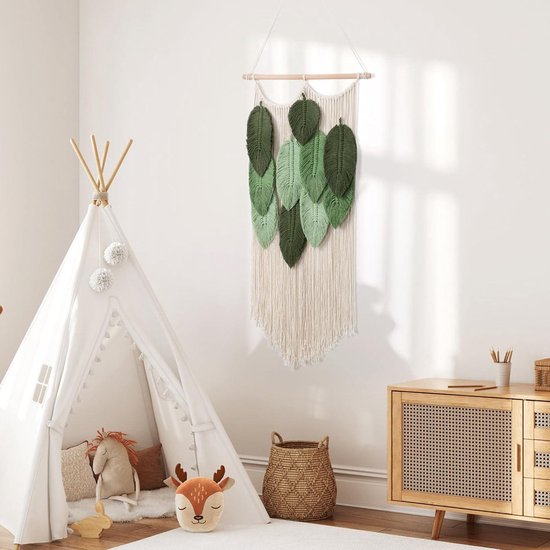 Boho Macramé Wandkleed Met Bladeren - Groen Geweven Tapijt Wanddecoratie Voor Woonkamer En Slaapkamer