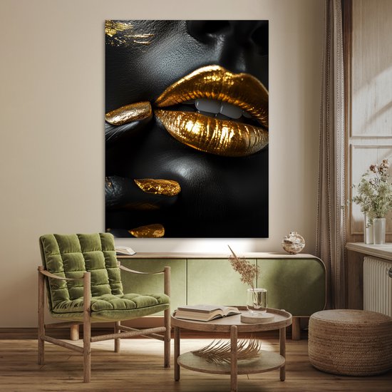 Poster 120x160 cm - Lippen - Goud - Abstract - Zwart - Vrouw - Posters - Kamer decoratie - Wanddecoratie woonkamer - Muurdecoratie slaapkamer XXL