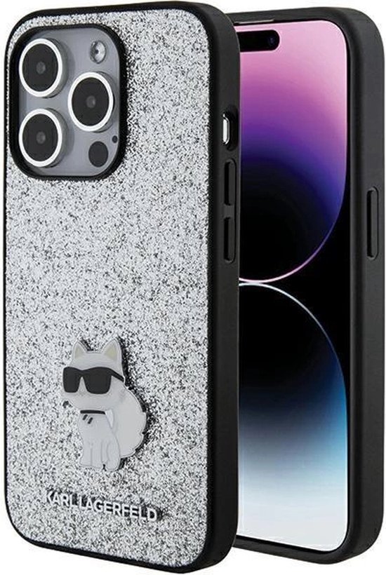 Karl - Lagerfeld - Étui à épingles en métal avec logo Choupette à Glitter fixes pour iPhone - 15 - Pro - Max - Argent