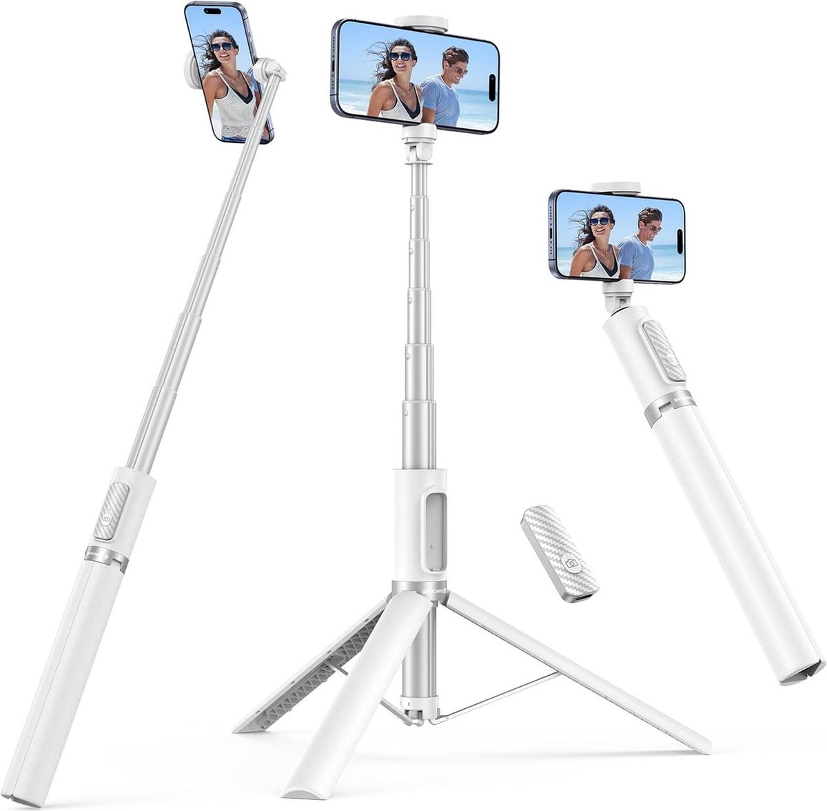 Verstelbare Selfie Stick 140cm met Bluetooth Afstandsbediening en Statief - Wit