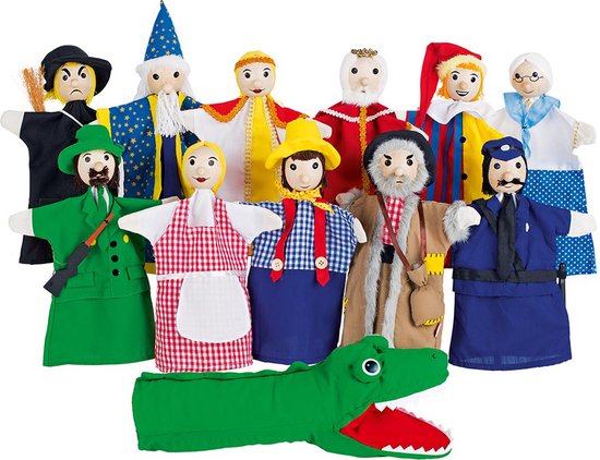 Een set van elf vingerpoppetjes en een krokodil handpop in felle kleuren en diverse kostuums.