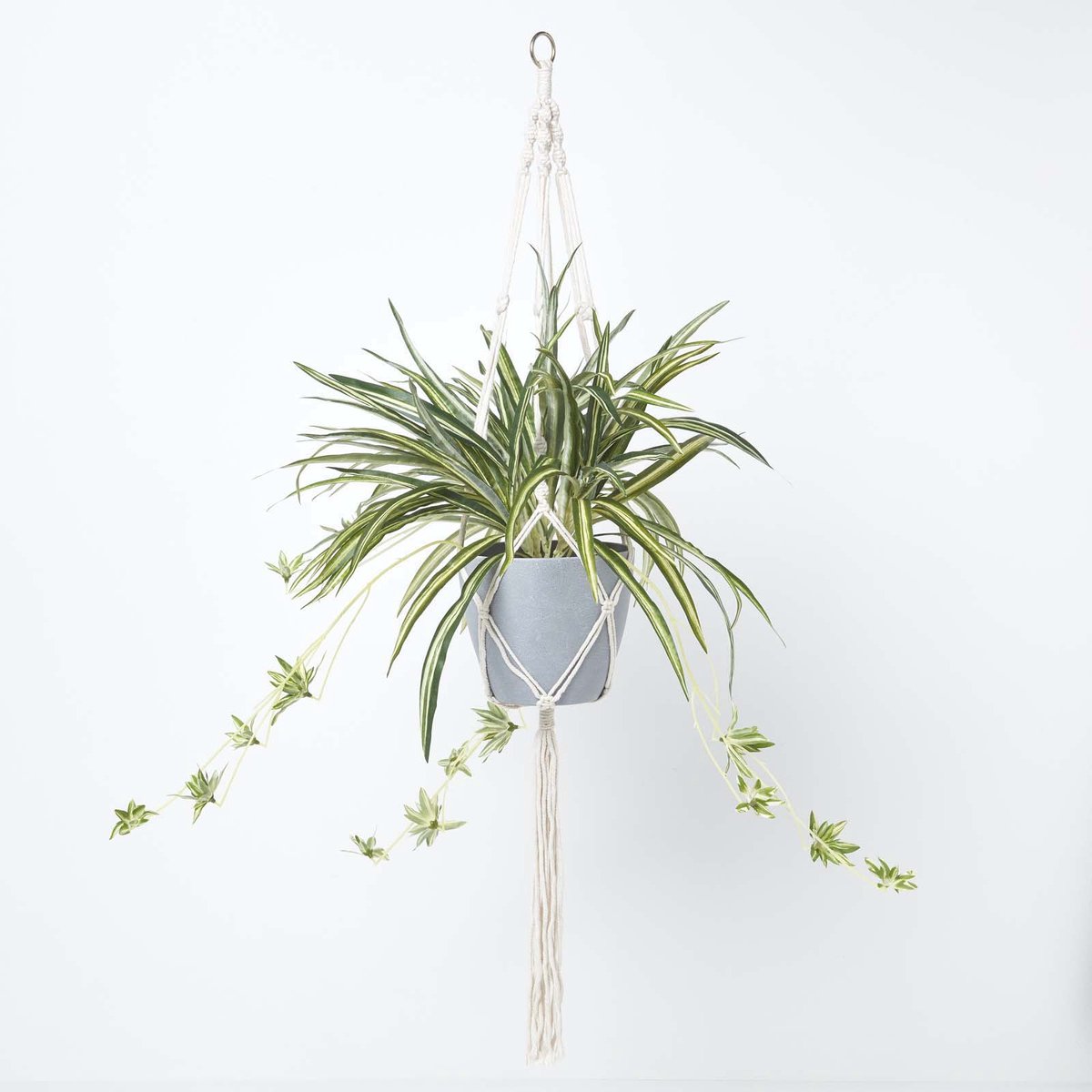 Homescapes Kunstspinplant met macramé hangmand, 95 cm hoog Groen-Wit