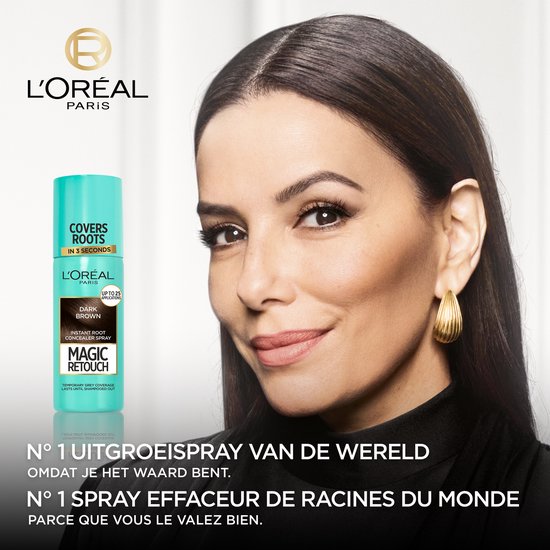 Eva Longoria met L'Oréal Paris Magic Retouch Dark Brown spray, gepresenteerd als 's werelds nummer 1 uitgroeispray.