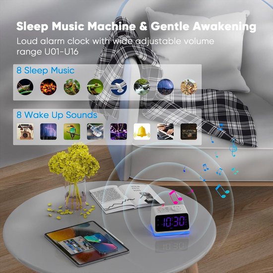 AFEXOA Digitale wekker met dubbel alarm, kleurrijke cijfers, FM-radio en 2 USB-oplaadpoorten, 8 lichten, snooze, slaaphulp, timer (wit