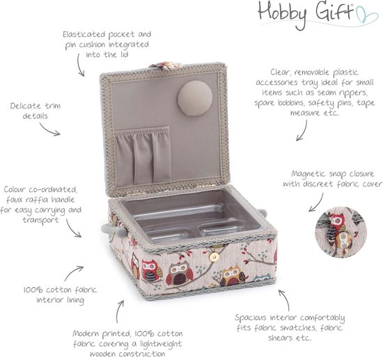 Hobby Gift Exclusieve medium naaidoos, knutseldoos, accessoirelade, speldenkussen, PVC-handgreep, 18,5 x 25,5 x 14,5 cm, Eucalyptus
