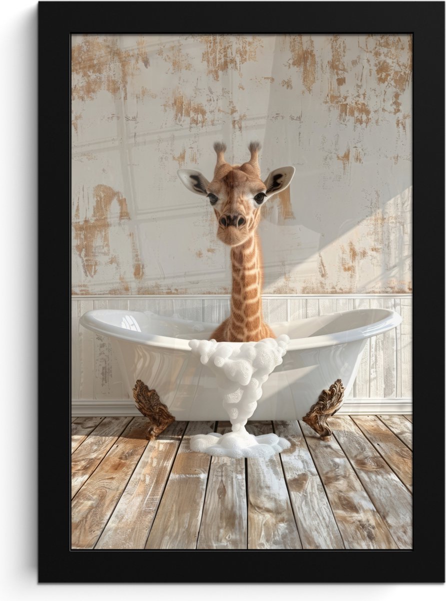 FrameYourWall Poster in lijst - Fotolijst 20x30 cm - Posters - Giraf - Badkuip - Vintage - Dieren - Posterlijst zwart - Wanddecoratie badkamer - Muurdecoratie WC - Decoratieve accessoires - Toilet muur decoratie