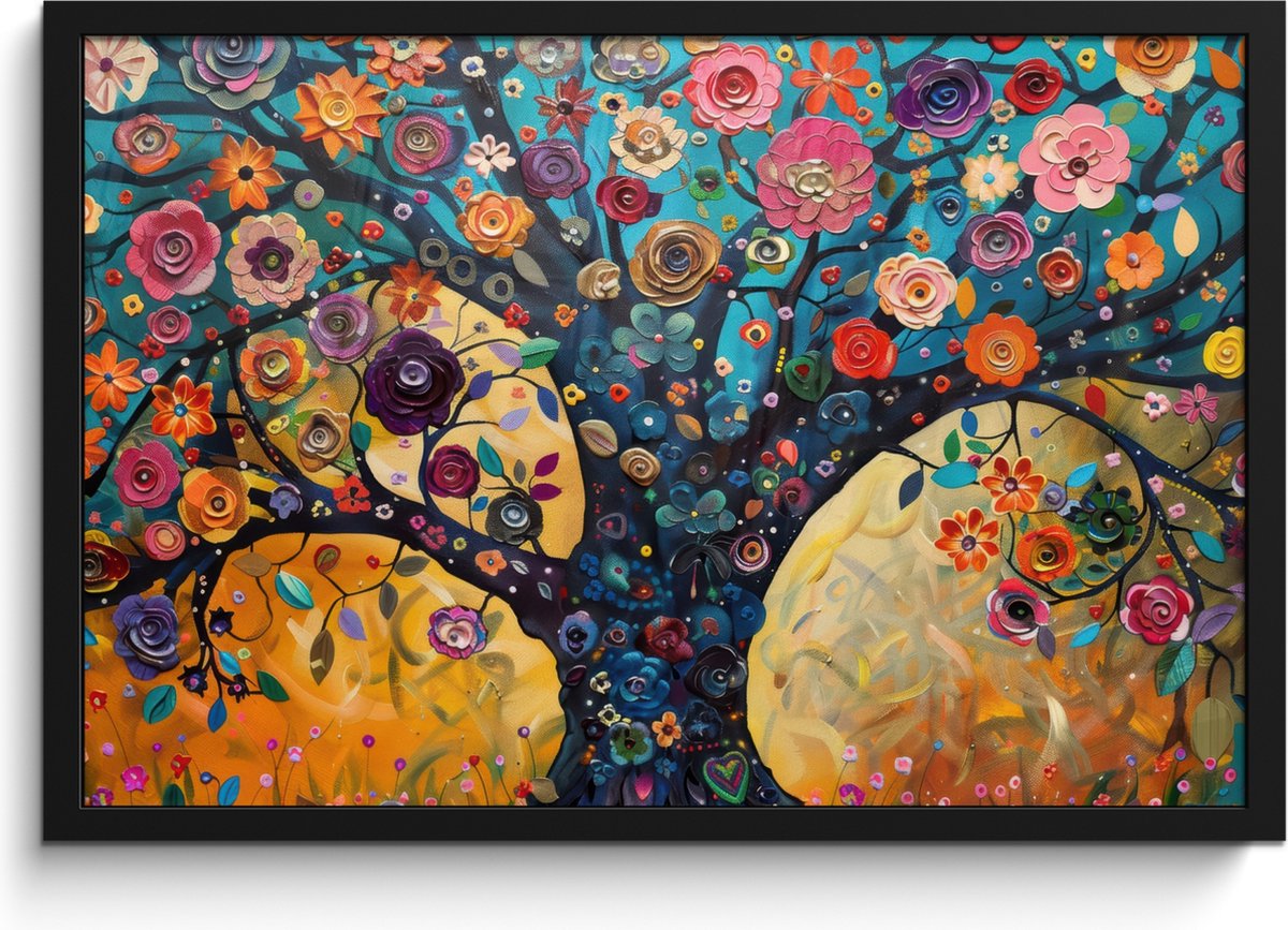 FrameYourWall Poster in lijst - Fotolijst 60x40 cm - Posters - Boom - Levensboom - Kleurrijk - Bloemen - Modern - Posterlijst zwart - Decoratie - Wanddecoratie woonkamer - Muurdecoratie slaapkamer