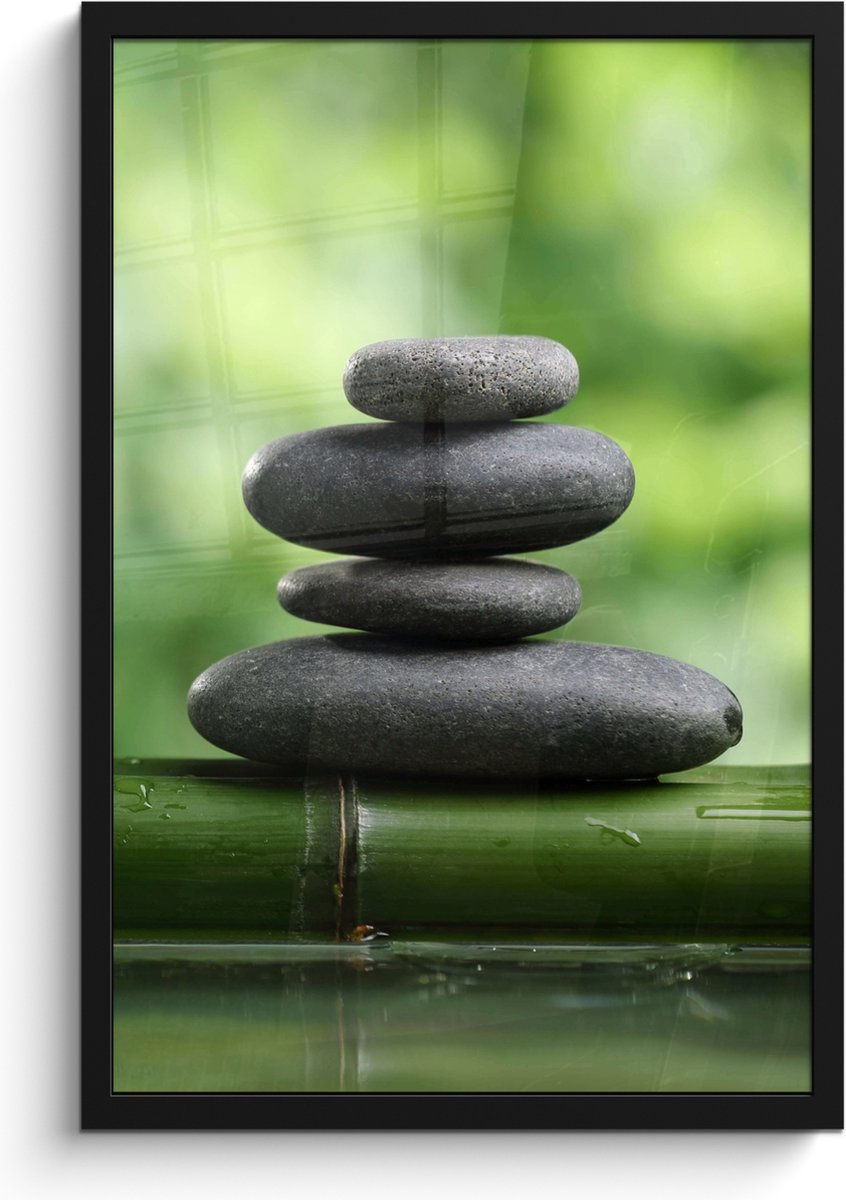 FrameYourWall Poster in lijst - Fotolijst 40x60 cm - Posters - Zen - Stenen - Groen - Natuur - Bamboe - Posterlijst zwart - Wanddecoratie badkamer - Muurdecoratie WC - Decoratieve accessoires - Toilet muur decoratie