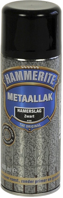 Hammerite metaallak spuitbus zwart met hamerslag effect, op witte achtergrond.