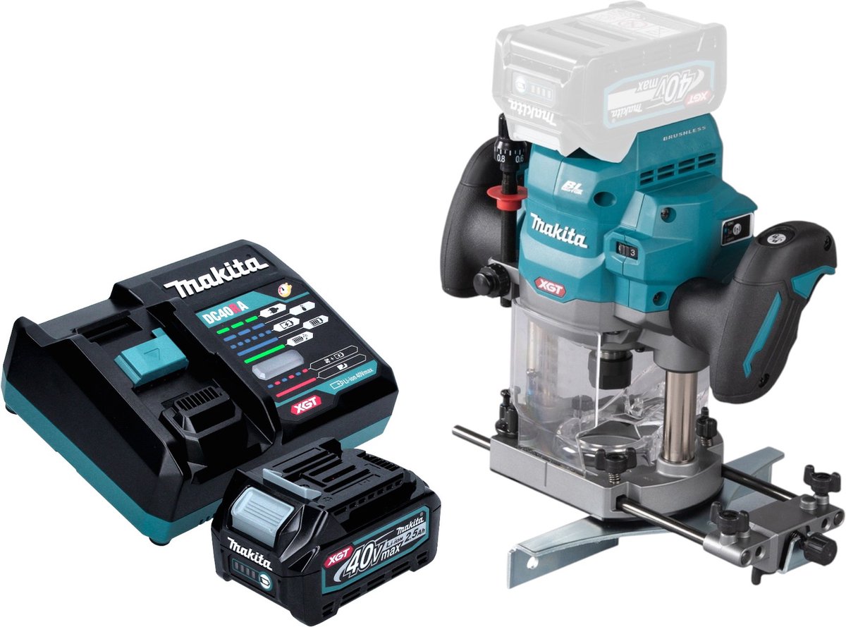 Makita RP 001 GD101 Draadloze bovenfrees 40 V max. 12 mm borstelloos + 1x oplaadbare accu 2,5 Ah + lader