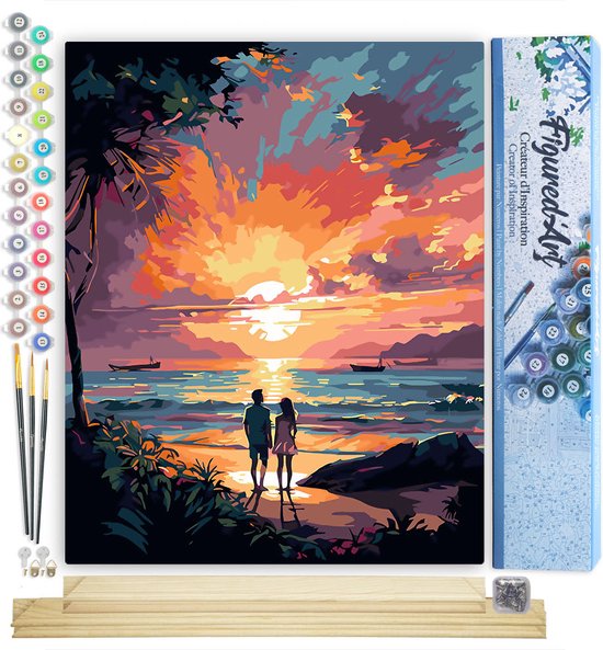 Figured'Art Schilderen op Nummer Volwassenen canvas Zonsondergang Bos - Handwerk acrylverf Kit DIY Compleet - 40x50cm met DIY houten lijst