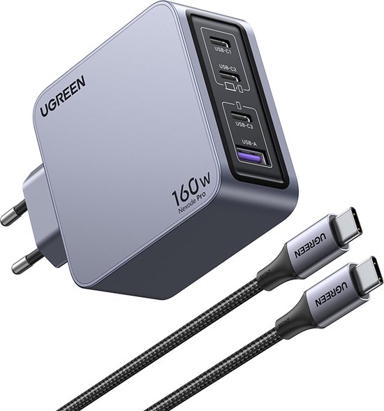 Ugreen Nexode Pro 160W GaN oplader 4-poorts USB-C USB snel opladen laptop telefoon grijs