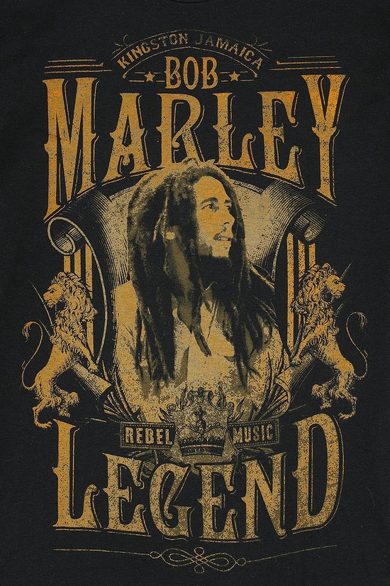 Zwart T-shirt met een afbeelding van Bob Marley, omringd door leeuwen en de tekst 'Bob Marley Legend Rebel Music'.