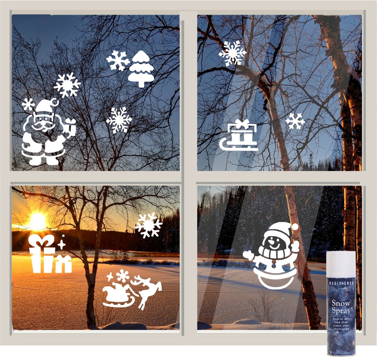 Decoris Kerst raamsjablonen - 2x velletje van 47,5 x 24,5 cm - incl. sneeuwspray - raamversiering Raamsjablonen voor Kerst met sneeuwspray, 2 vellen van 47,5 x 24,5 cm.