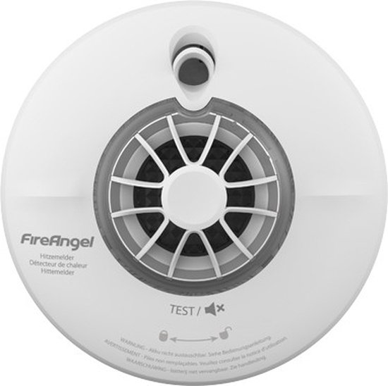 Witte FireAngel hittemelder met ventilatierooster en testknop, geïsoleerd op een witte achtergrond.