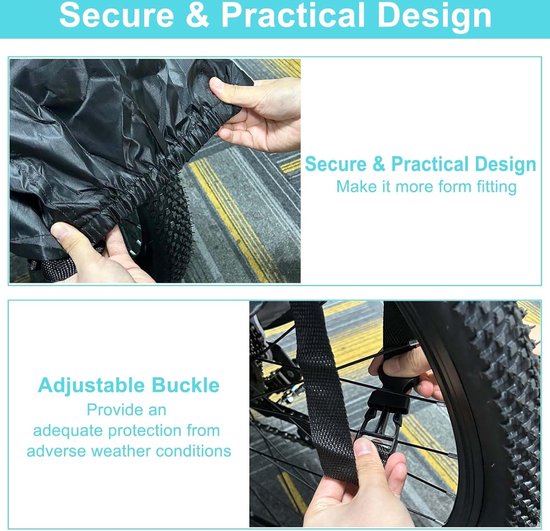 Details van de fietsafdekking: elastische zoom en verstelbare gesp voor een veilige pasvorm.