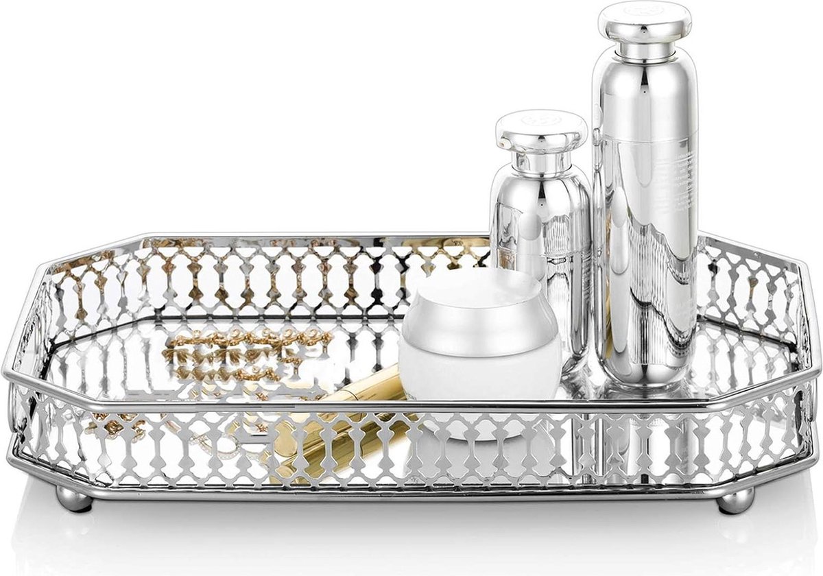 Goedkoopste Zilver gespiegeld ijdelheid make-up lade, sieraden display lade, decoratieve spiegel lade, cosmetische parfum organisator lade voor dressoir, woonkamer, eetkamer, tafel, middelpunt decor