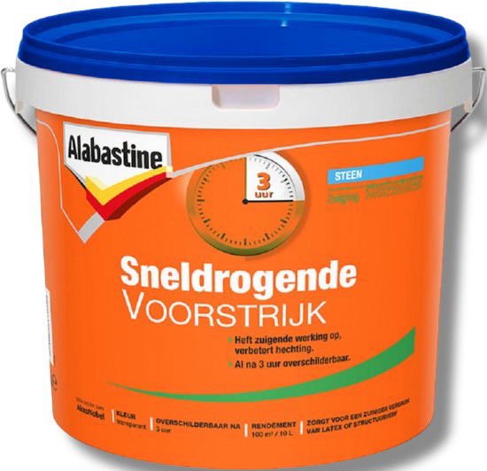 Oranje emmer Alabastine Sneldrogende Voorstrijk. Tekst: 3 uur, Steen, Zuiging, Heeft zuigende werking, verbetert hechting. Al na 3 uur overschilderbaar.