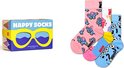 Drie paar Happy Socks met verschillende prints en een bijpassende geschenkdoos met zonnebril design.