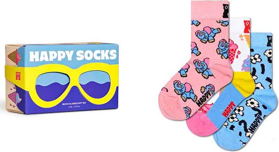 Drie paar Happy Socks met verschillende prints en een bijpassende geschenkdoos met zonnebril design.