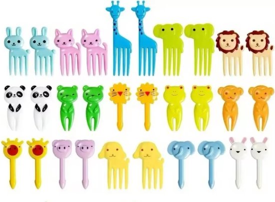 Set van 30 vrolijke dieren-vorkjes en -prikkers met o.a. konijn, kat, giraf, beer, leeuw, hond, olifant en panda.