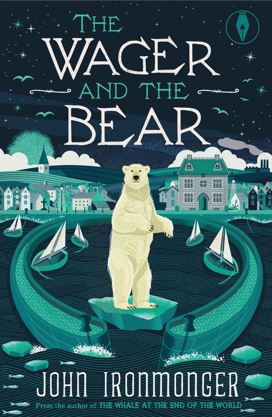 Boekcover van "The Wager and the Bear" met een ijsbeer op een ijsschots, omringd door boten, zee en een stad.