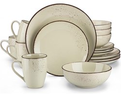 16-delige Steengoed Vintage Look Cream Diner Set voor 4 Personen met Dinner Bord, Dessert Bord, Granen Bowl en Mok - Navia Nature Bordenset