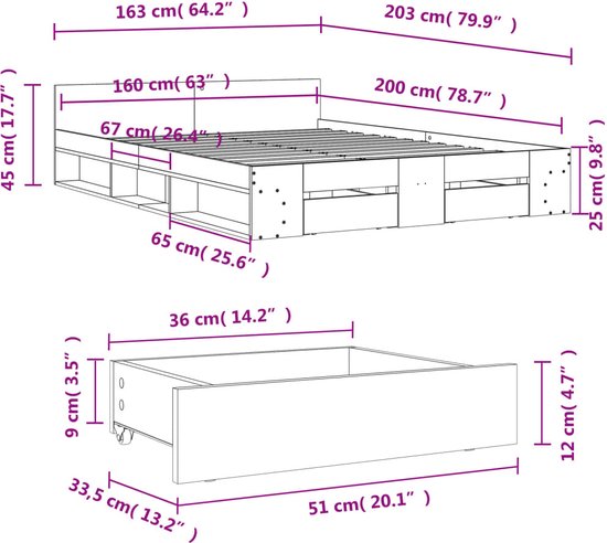 Cadre de lit vidaXL avec tiroirs en bois blanc 160 x 200 cm