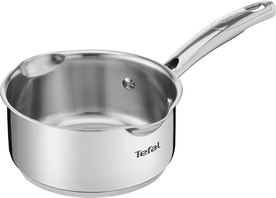 Roestvrijstalen steelpan met het Tefal logo.
