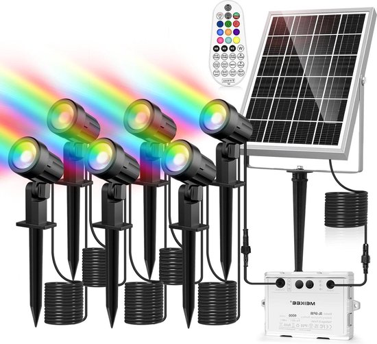 MEIKEE RGB Solar Garden Lights with Remote Control, 10 Colours, 12 Cycle Modes, Memory Function, Timer Function, IP66 Waterproof, Solar Spotlights Garden for Garden, Path, Balcony MEIKEE RGB Solar Garden Lights with Remote Control, 10 Colours, 12 Cycle Modes, Memory Function, Timer Function, IP66 Waterproof, Solar Spotlights Garden for Garden, Path, Balcony