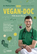 Boekcover met Dr. Markus Kolm, titel "Der Vegan-Doc für alle Fälle" en illustraties van broccoli, bladgroenten en citroen.